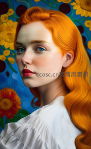 橙发蓝眸少女，油画般的梦幻侧颜