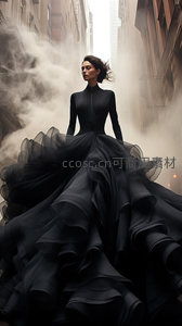 黑紗長裙女子佇立霧靄街巷