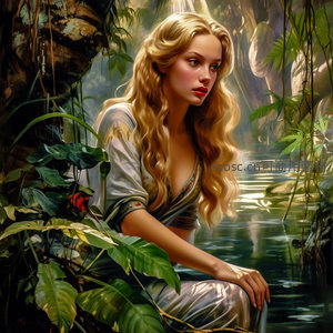 森林少女靜坐溪邊綠意