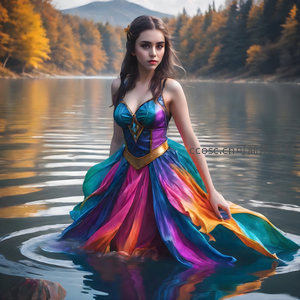 彩裙少女立于秋湖水中央