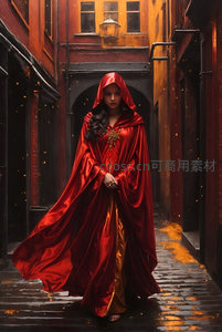 紅袍女子漫步古巷燈火闌珊