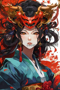 和風面具女子紅葉紛飛時