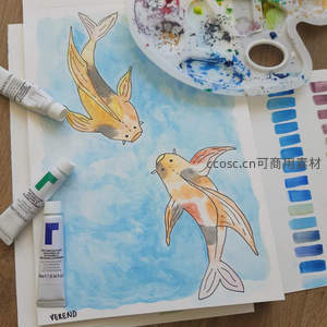 水彩画中锦鲤跃然纸上清新雅致