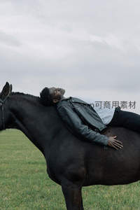 男子仰卧黑马背享受草原时光