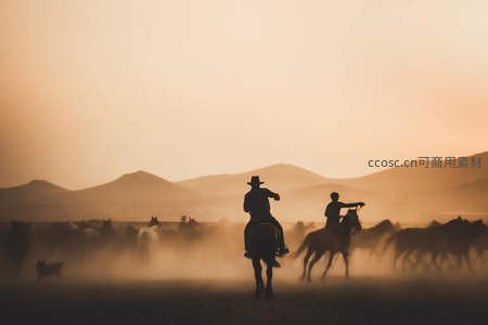 落日牧歌：剪影骑士驱赶马群扬尘归家