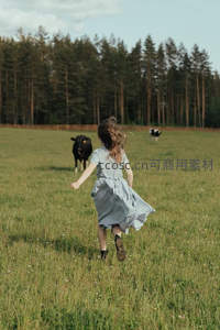 女孩奔跑：追逐田野中的黑牛