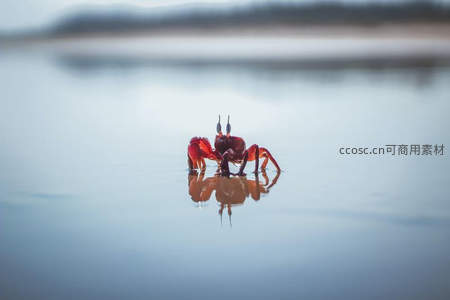 红蟹静立浅滩倒影如镜面画作