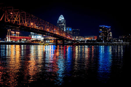 夜色中的城市天际线与桥梁倒影