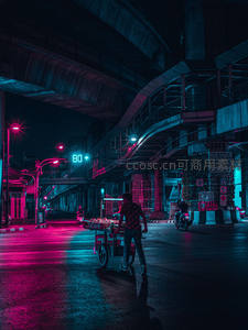 赛博朋克风格的街头小贩推车夜景