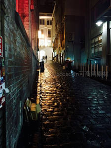 雨后石板小巷，暖光映照湿漉漉的归途