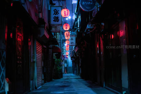 日式小巷深处，红蓝灯笼点缀着静谧的夜晚