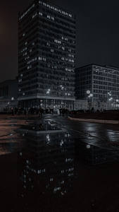 雨夜高楼倒影，城市静谧瞬间