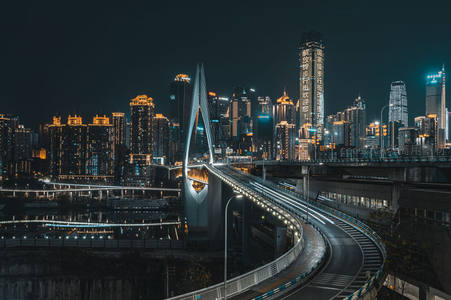 重庆夜景桥梁与高楼交相辉映