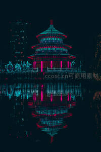 霓虹古亭映水夜色如梦