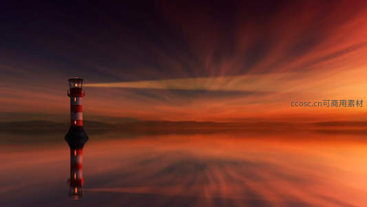 AI幻境灯塔，光束穿透血色黄昏