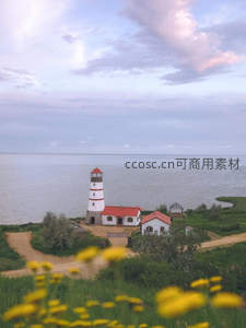 湖畔灯塔与春日野花的宁静画卷