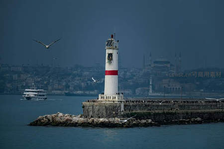 海鸥翱翔古城港湾，红白灯塔守护历史天际线