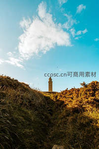 蓝天白云下，金色草坡尽头的孤独灯塔