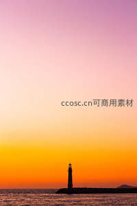 剪影灯塔，绚烂晚霞中的海上航标