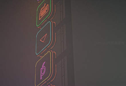 多彩霓虹图标垂直排列于深色墙面