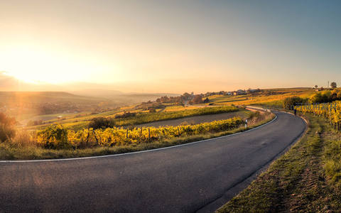 夕阳洒落蜿蜒乡间公路