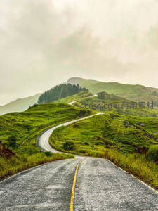蜿蜒山路穿行翠绿山丘，云雾缭绕如仙境