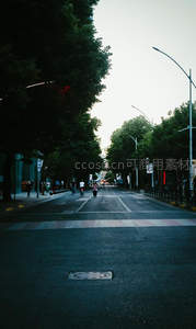城市林荫道，行人稀疏暮色初临