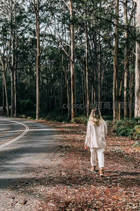 林间小径漫步，女子背影融入静谧森林