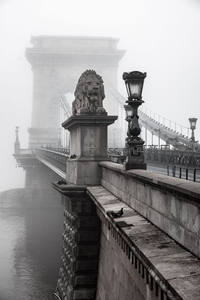 雾中狮像守护的石桥