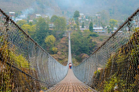 山谷铁网桥：行人穿行田园村落