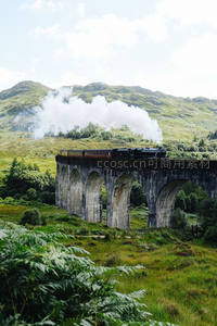 蒸汽火车穿越山谷高架桥