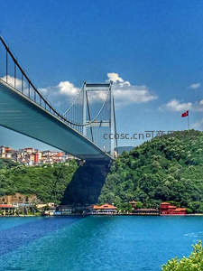 蓝天碧水间宏伟斜拉桥与山城