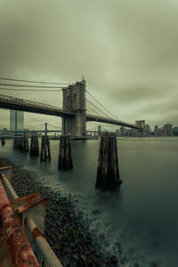 布鲁克林大桥阴郁晨曦下的雄伟身姿