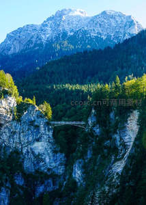 雪山峡谷间悬索桥连接苍翠森林