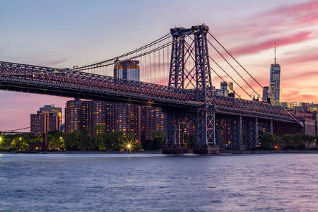 黄昏时分的城市天际线与钢铁大桥