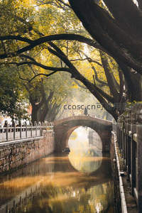 古桥秋色水波荡漾树影婆娑