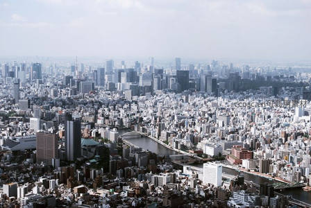 东京城市鸟瞰图，密集建筑群与河流交织