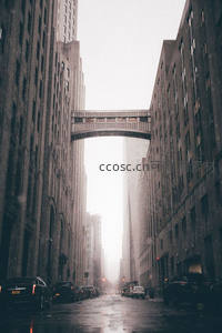 雨雾中的天桥，连接两座沉默巨塔