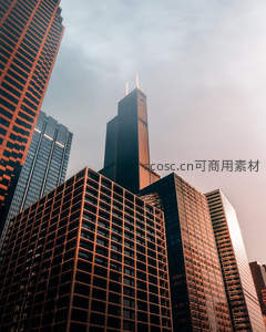 芝加哥威利斯大厦仰拍，钢铁森林直插云霄