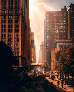 阳光穿透楼宇间的都市峡谷