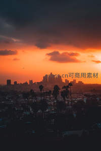 洛杉矶日落时分的城市剪影与棕榈树