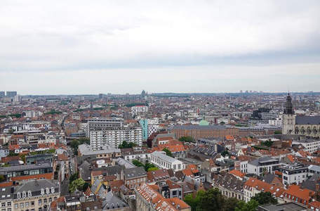 布鲁塞尔老城区鸟瞰红瓦屋顶与教堂尖塔