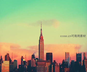 复古色调下的帝国大厦剪影，黄昏城市如梦似幻