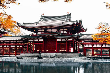 京都平安神宫秋日红墙与金黄枫叶倒影