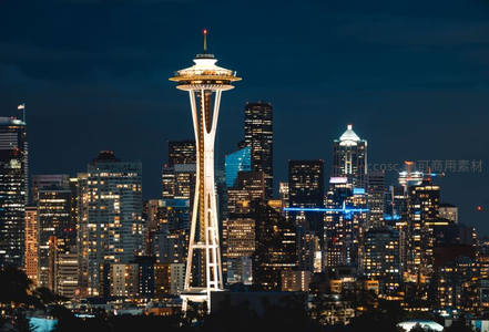 西雅图太空针塔夜景璀璨夺目