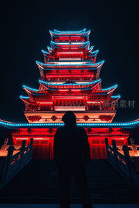 夜色中霓虹古塔与孤影