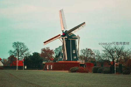 荷兰风格风车矗立田野间