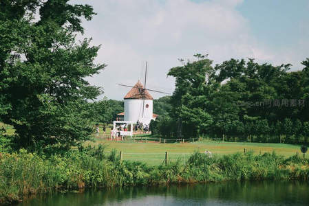 湖畔绿荫中的白色风车