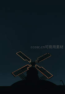 夜幕中轮廓发光的风车剪影