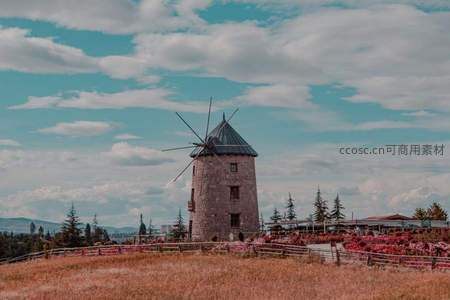 石砌风车屹立花海之巅云卷云舒